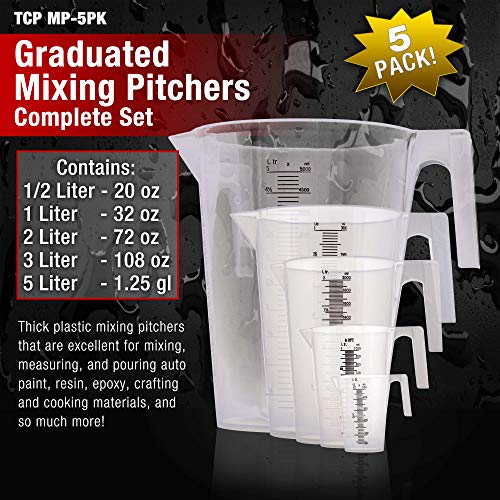 TCP Global 5 Piece Set of Plastic Graduated Measuring and Mixing Pitchers - size: 500-5000ml Set