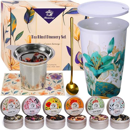 Harmoleaf Tea Gift Set for Women, 6 Loose Leaf Tea Blends with Blue Lily Insulated Ceramic Cup, Stainless Steel Infuser, Lid and Gold Spoon, Birthday, Mother's Day, Anniversary, Retirement Gift for Her - color: Blue Lily