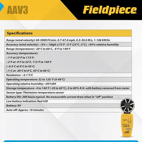 Fieldpiece AAV3 Air Velocity and Temperature Accessory Head for HVAC Testing - Airflow Measurement, CFM Estimation, Anemometer Head with Real-Time & Average Readings