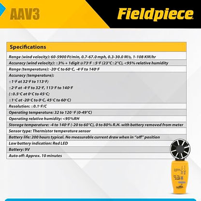 Fieldpiece AAV3 Air Velocity and Temperature Accessory Head for HVAC Testing - Airflow Measurement, CFM Estimation, Anemometer Head with Real-Time & Average Readings