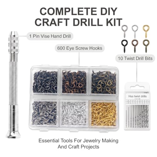Pin Vise Hand Drill Set with 10 Bits and 600PCS Eye Screw Hooks