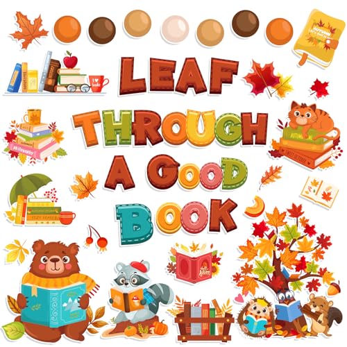 HOWAF Fall Classroom Decorations Leaf Through a Good Book Bulletin Board Set for Autumn Chalkboard School, Fall Reading Learning Maple Leaves Cutout for Thanksgiving Wall Class Blackboard Decor