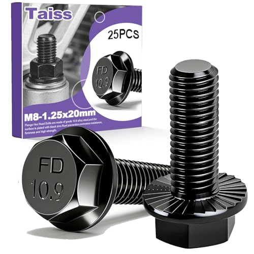 Taiss 25PCS M8-1.25 x 20mm Metric Flange Hex Head Bolts,Hex Drive Screws 10.9 Black Zinc Plated Alloy Steel,m8x1.25 Bolt,Full Thread Hex Bolts - color: BK M8x20mm