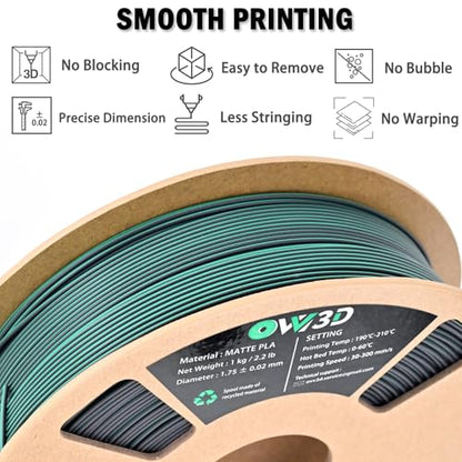 OVV3D Dual Color PLA Filament 1.75mm, Black Green Matte PLA 3D Printer Filament, Multi Color Change 3D Printing Filament for Most FDM 3D Printer, 1kg Spool - color: Matte Black Green