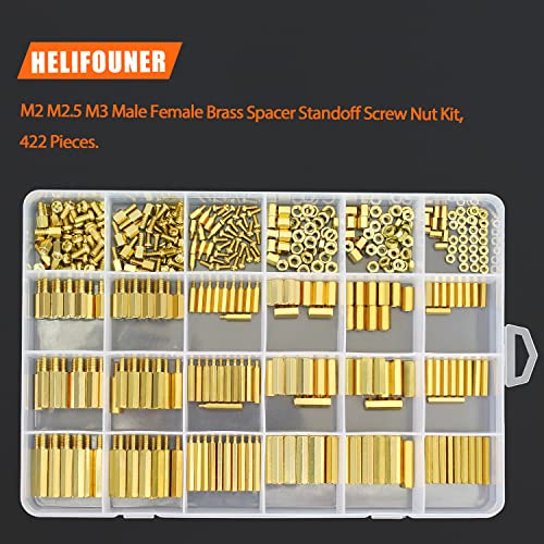 HELIFOUNER 422 Pieces M2 M2.5 M3 Male Female Hex Brass Spacers Standoffs Screws Nuts Assortment Kit, Threaded Pillar for Printed Circuit Board Motherboard - size: M2 M2.5 M3 Brass Standoff Set