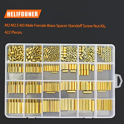 HELIFOUNER 422 Pieces M2 M2.5 M3 Male Female Hex Brass Spacers Standoffs Screws Nuts Assortment Kit, Threaded Pillar for Printed Circuit Board Motherboard - size: M2 M2.5 M3 Brass Standoff Set