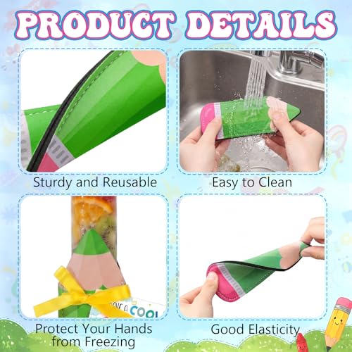 24 Sets End of Year Gifts for Students Bulk Summer Ice Pop Sleeves Reusable Colorful Pencil Freezer Ice Pop Holders Bags Cool Summer Cards Ribbons School Graduation Birthday Party Favors - style: Pencil