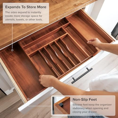 KitchenEdge Silverware & Utensil Organizer | Natural Acacia, 18-33 In - color: Natural Acacia, size: From 18" to 33" Wide