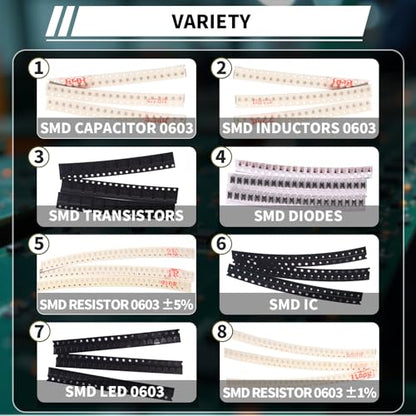 6390pcs 0603 SMD Electronic Component Kit 1% 5% Resistor Capacitor Diode Transistor IC Inductor LED Diodes SMT Electrical Components Assortment