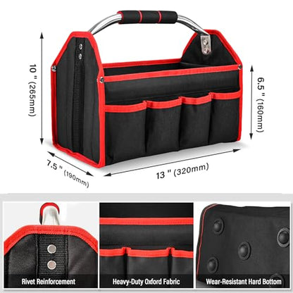 HAUTMEC 13 Inch Tool Bag, Foldable Open Top Tool Bag with Stiff Frame, Heavy-Duty Tool Tote with Padded Handle, Water-Resistant Base, Portable Tool Organizer for DIY & Jobsite Use – TB0001 - size: 13-Inch, style: Foldable
