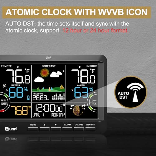 Weather Station Indoor Outdoor Thermometer Wireless Atomic Clock Black - color: Black