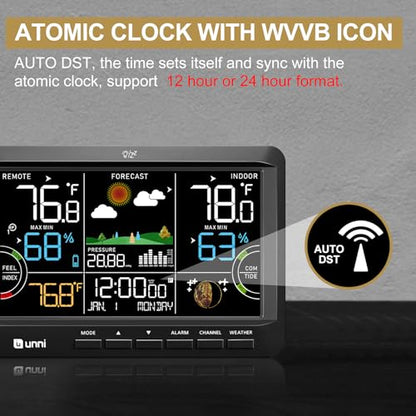 Weather Station Indoor Outdoor Thermometer Wireless Atomic Clock Black - color: Black