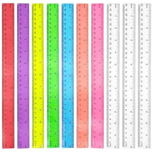 10 Pack Assorted Color Clear Plastic Rulers, 12 Inch/30 cm Transparent Ruler with Inches and Centimeters, Shatterproof Rulers for School Classroom Office Home Supplies