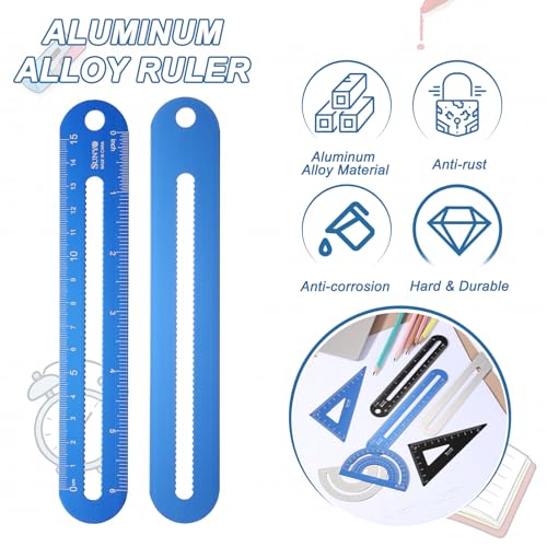 HARFINGTON 4pcs Triangular Ruler Set 15cm/6" Aluminum Alloy Blue - color: Blue