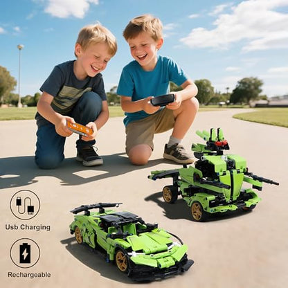 IQKidz STEM Building Blocks Kit for Kids - 2 in 1 Remote Control Race Car and Robot Toy, Great Gift for Boys, Teens Age 6 7 8-12+ Year Old Who Love Engineering and RC Sports Car Toys - style: Green Race Car
