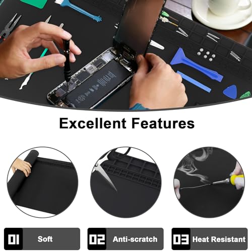 23.7''x13.8'' Extra Large Soldering Mat Premium Silicone 932°F Heat Resistant Repair Mat Non-Slip Large Soldering Mat for Soldering Iron, DIY Projects, Electronics, Phone, Laptop Repair (Black) - color: Black