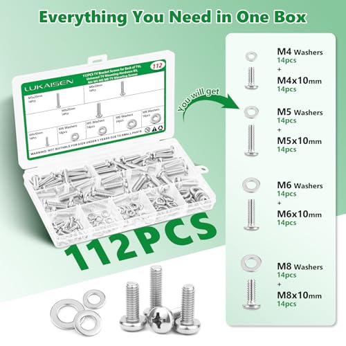 112 Pcs 304 Stainless TV Mount Screws, M4 M5 M6 M8 Bolt Washer Kit - color: 112PCS Silver