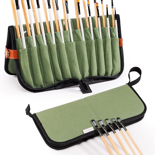 Stand Up Paint Brush Holder Case, 22-Slot Paintbrush Storage Bag Pop-Up - color: Green, size: Large 6*13.5"