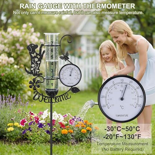 37.8" Rain Gauge Outdoor with Thermometer, Cute Dog Garden Rain Gauges - color: Black - Dog
