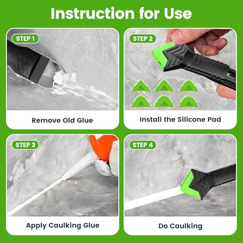 Goopreen 5 in 1 Caulking Tool Silicone Caulking Grout Removal Sealant Finishing Tool with Stainless Steel Head, 6 Replaceable Pads, Gap Seam Repair Kit for Kitchen Bathroom Sink Toilet Caulking - color: Green
