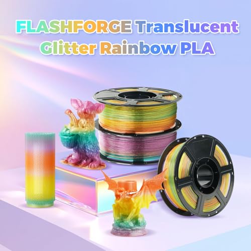 FLASHFORGE Translucent Glitter PLA Crystal Rainbow Candy Filament, Shiny Sparkling Gradient 3D Printer Filament, Fast Color Change Between Yellow Pink Blue Green, Adjustable Transparency - color: Crystal Rainbow Candy, size: PLA