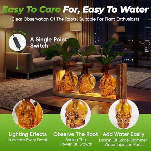 Skull Plant Propagation Station with LED Lights - Halloween Decor Skull Planter, Hydroponics Pot for Office, Unique Gifts for Women & Plant Lovers(Amber)