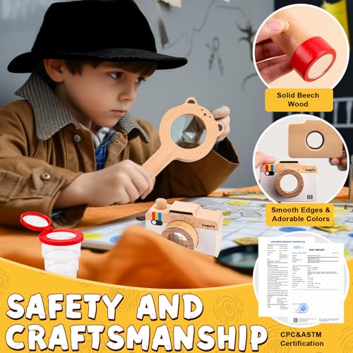 Spy Kit for Kids Detective Outfit Fingerprint Toys for 5 6 7 8 9 10 Year Old with Hat,Wooden Magnifying Glass and Detective Tools,Secret Agent Investigation Science Set,Spy Costumes for Kids 8-12