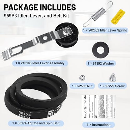 959P3 Washer Idler Pulley Kit Idler Lever and Belt Kit Compatible with Sp-eed Qu-een Replaces PRM959P3 UNMC959P3 2020782 AP4489045 PS12661973
