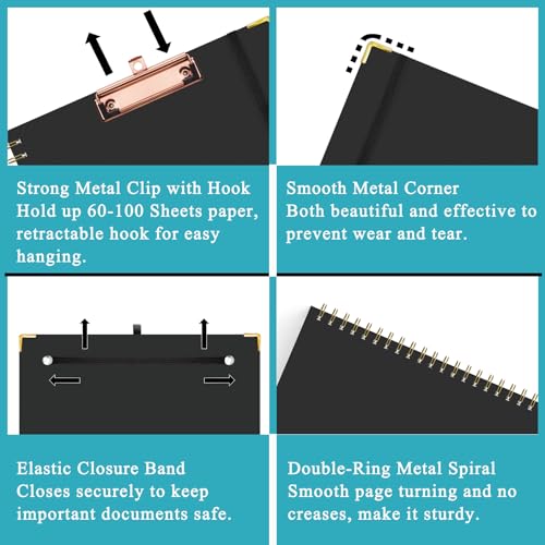 HAUTOCO Clipboard Folio with Refillable Lined Notepad for Letter Size (11" x 8.5"), 5 Dividers with 10 Pockets, Elastic Pen Holder and File Folder Labels, Spiral Nurse Clipboard Artboard(Black) - color: Black