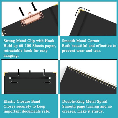 HAUTOCO Clipboard Folio with Refillable Lined Notepad for Letter Size (11" x 8.5"), 5 Dividers with 10 Pockets, Elastic Pen Holder and File Folder Labels, Spiral Nurse Clipboard Artboard(Black) - color: Black