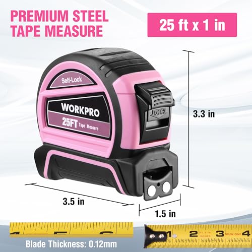 WORKPRO 25FT Pink Tape Measure, Dual Lock Measuring Tape - Pink Ribbon