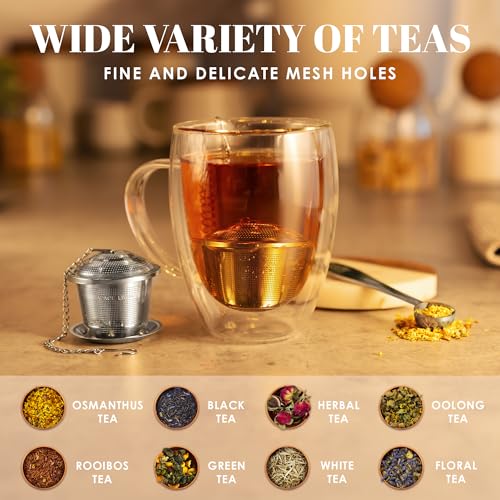 Tea Infuser Set of 2 with Tea Scoop & Drip Trays, Loose Leaf Tea Strainer - color: Silver, size: Medium