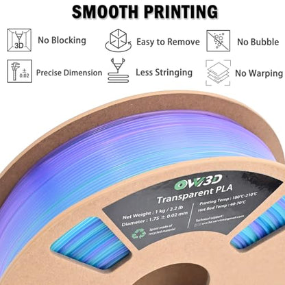 OVV3D Transparent PLA Filament 1.75mm, Multicolor Translucent 3D Printer Filament, Clear PLA Blue Green Purple Gradient Color Change, Spool 1KG, +/- 0.02 mm, Fit Most FDM 3D Printers - color: Translucent Blue Green Purple