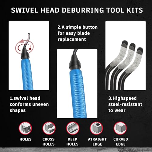 VASTOOLS Deburring Tool Kit - 6.5" Metal Handle Chamfer Tool with 11 M2 HSS Blades, 360° Rotating Head for Aluminum Copper Brass Plastic Pipe & 3D Print Deburring - style: DeburringTool_10blades