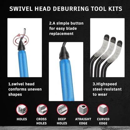 VASTOOLS Deburring Tool Kit - 6.5" Metal Handle Chamfer Tool with 11 M2 HSS Blades, 360° Rotating Head for Aluminum Copper Brass Plastic Pipe & 3D Print Deburring - style: DeburringTool_10blades