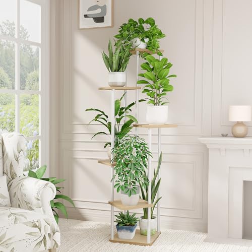 Bamworld White Plant Stand Indoor Tall Metal Wood Plant Shelf - color: White Oak, size: 6 Tier