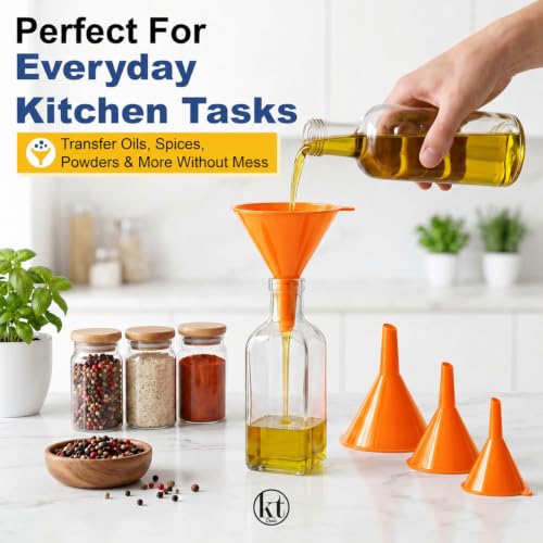 4Pcs All Purpose Plastic Funnel Set, Funnels for Kitchen Use Filling Bottles, Mini, Small to Large Funnels for Automotive Use, Liquid Spices Funnel for Water Bottles, Flask, Car Oil and More (Orange) - color: Orange