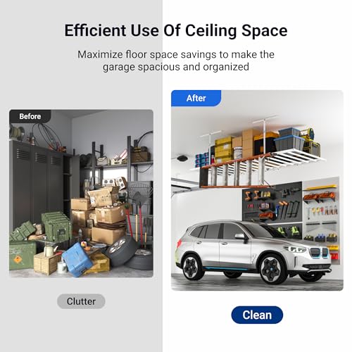 FLEXIMOUNTS 4x8 Overhead Garage Ceiling Storage Rack with 6 Hooks, White - color: White