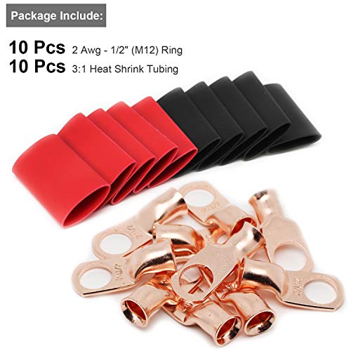 TKDMR 10 PCS 2 AWG - 1/2 Battery Cable Lugs Copper Wire Ring Terminals - size: 2 Awg - 1/2" (M12) Ring