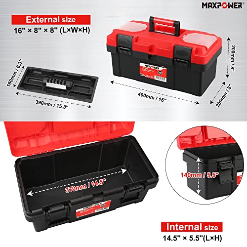 MAXPOWER Tool Box 16 inch, Plastic Small Tool Box with Latch Removable Tray - color: Red, size: 16"