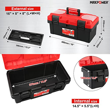 MAXPOWER Tool Box 16 inch, Plastic Small Tool Box with Latch Removable Tray - color: Red, size: 16"