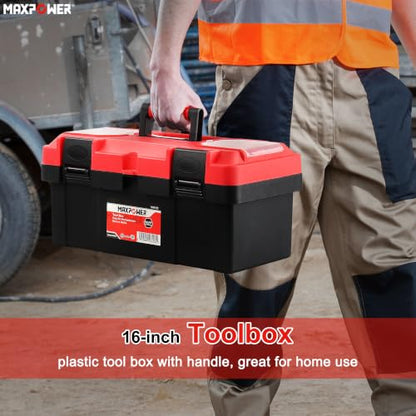 MAXPOWER Tool Box 16 inch, Plastic Small Tool Box with Latch Removable Tray - color: Red, size: 16"