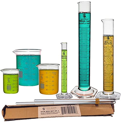 Glass Graduated Cylinder Set 10ml 50ml 100ml, Glass Beaker Set 50ml 100ml 250ml with 3 Glass Stirring Rods, Karter Scientific