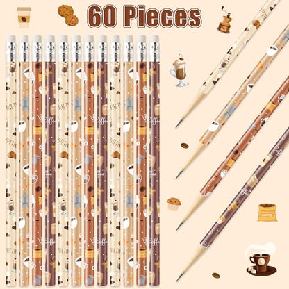 Xqumoi 60Pcs Coffee Themed Pencils with Eraser - Latte Cappuccino #2 HB Pencils, Coffee Lover Stationery Office Supplies Teacher Appreciation Gift Goodie Bag Fillers Stuffers Party Favors - style: Coffee