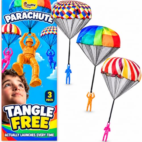 NUTTY TOYS Parachute Toys for Kids - Tangle Free Outdoor Flying Parachute Men, Top Indoor & Outside, 3 4 5 6 7 8 9 10 11 12 Year Old, Best Christmas Stocking Stuffers Idea 2026 Unique Boy & Girl Gifts - color: Multi-color