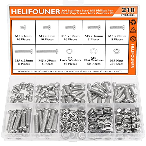HELIFOUNER 210 Pieces M5 x 6mm /8mm /12mm /16mm /20mm /25mm /30mm, Phillips Pan Head Machine Screws, Metric Screws Bolts Washers Nuts Kit, 304 Stainless Steel - size: M5, style: Phillips Pan Head Machine Screws