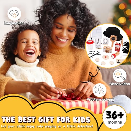 Spy Kit for Kids Detective Outfit Fingerprint Toys for 5 6 7 8 9 10 Year Old with Hat,Wooden Magnifying Glass and Detective Tools,Secret Agent Investigation Science Set,Spy Costumes for Kids 8-12