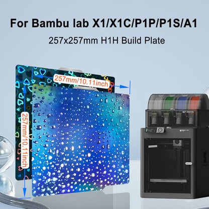 New Upgraded 257x257mm H1H Holographic Build Plate for Bambu Lab X2D/P2S/A1/X1C/X1/X1E/P1P/P1S, Smooth Waterdrop+Smooth Sweetheart Spring Steel Plate Flexible Plate for Bambu Labs 3D Printer - color: H1H( Waterdrop+Sweetheart)