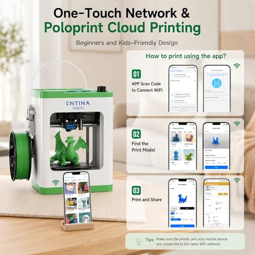 Entina Tina2S 3D Printer for Kids & Beginners, Fully Assembled Mini 3D Printer with Auto Leveling, Easy Setup, WiFi & App Control, Huge Model Library, Heated Spring Steel Build Plate for Home & School - color: Green