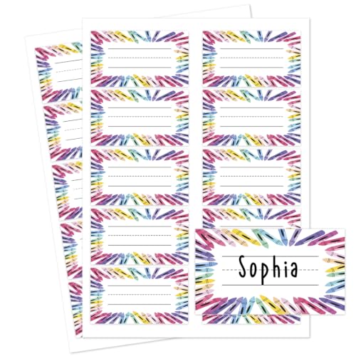 Andaz Press Desk Name Tags for Classroom, 20 Pack Waterproof Vinyl Student Name Labels 3.5 x 2 in, Write-On Cubby & Bin Labels, Rainbow Crayons Back to School Name Plates - color: Rainbow Crayons
